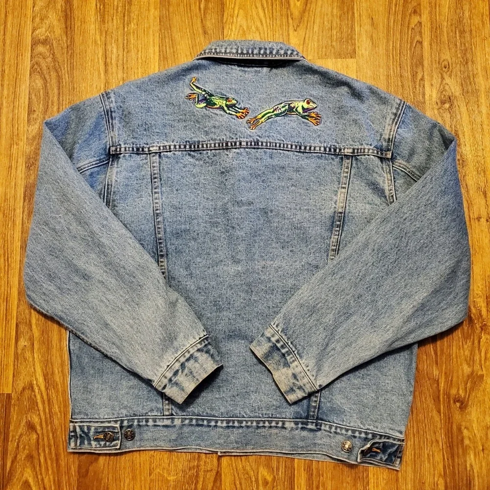 Vintage Denim Jacket Women Medium Blue Jean Frog Embroidered‎ Natural Wonders - Picture 3 of 7